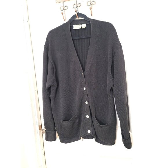 Preview Basics Y2k Black Cardigan Women's XL Ribbed Design Button Closure - Picture 2 of 14